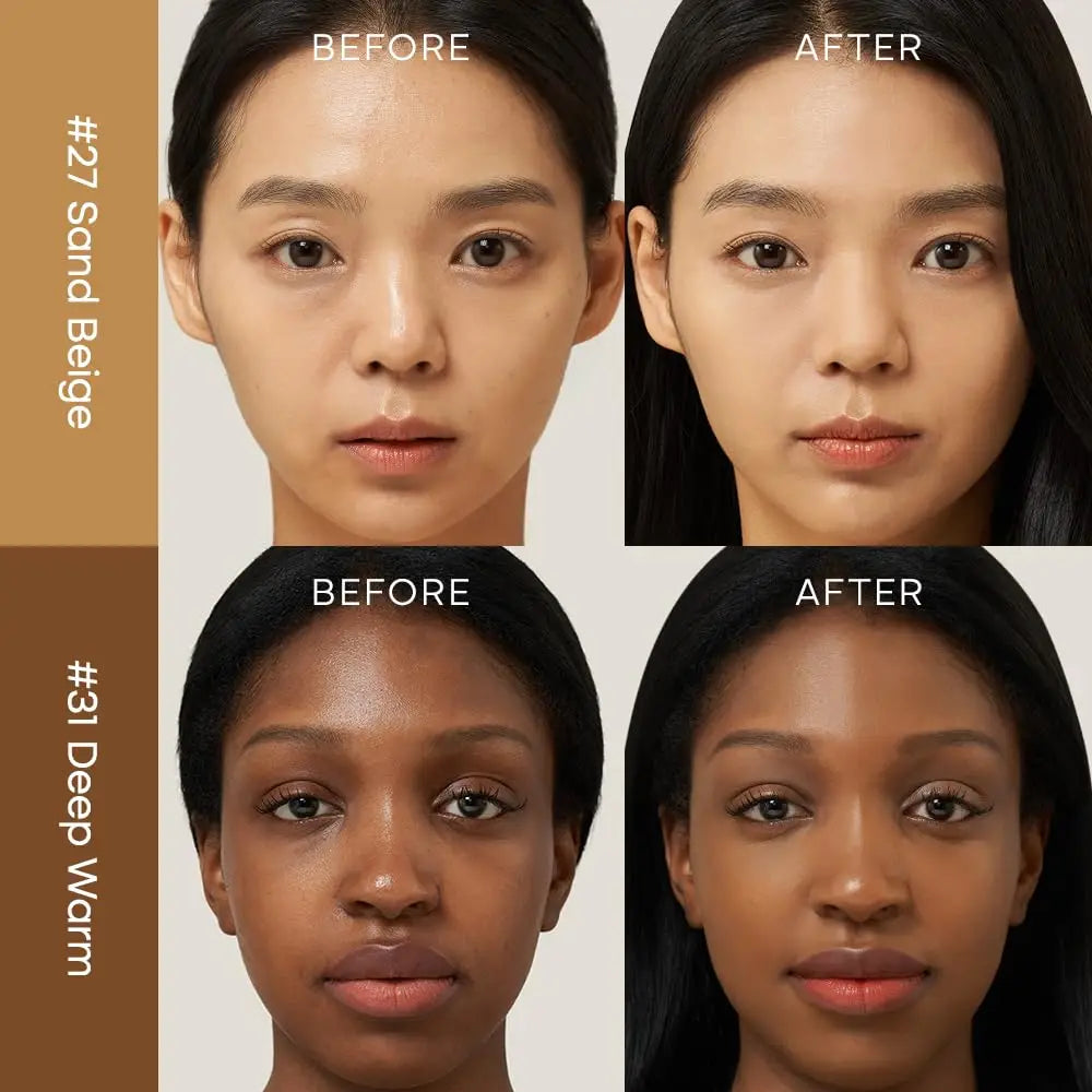 Comparison of before and after applying PURITO Wonder Releaf Centella BB Cream 30ml in shades #27 Sand Beige and #31 Deep Warm, showing natural skin tone enhancement and smooth finish on two models.