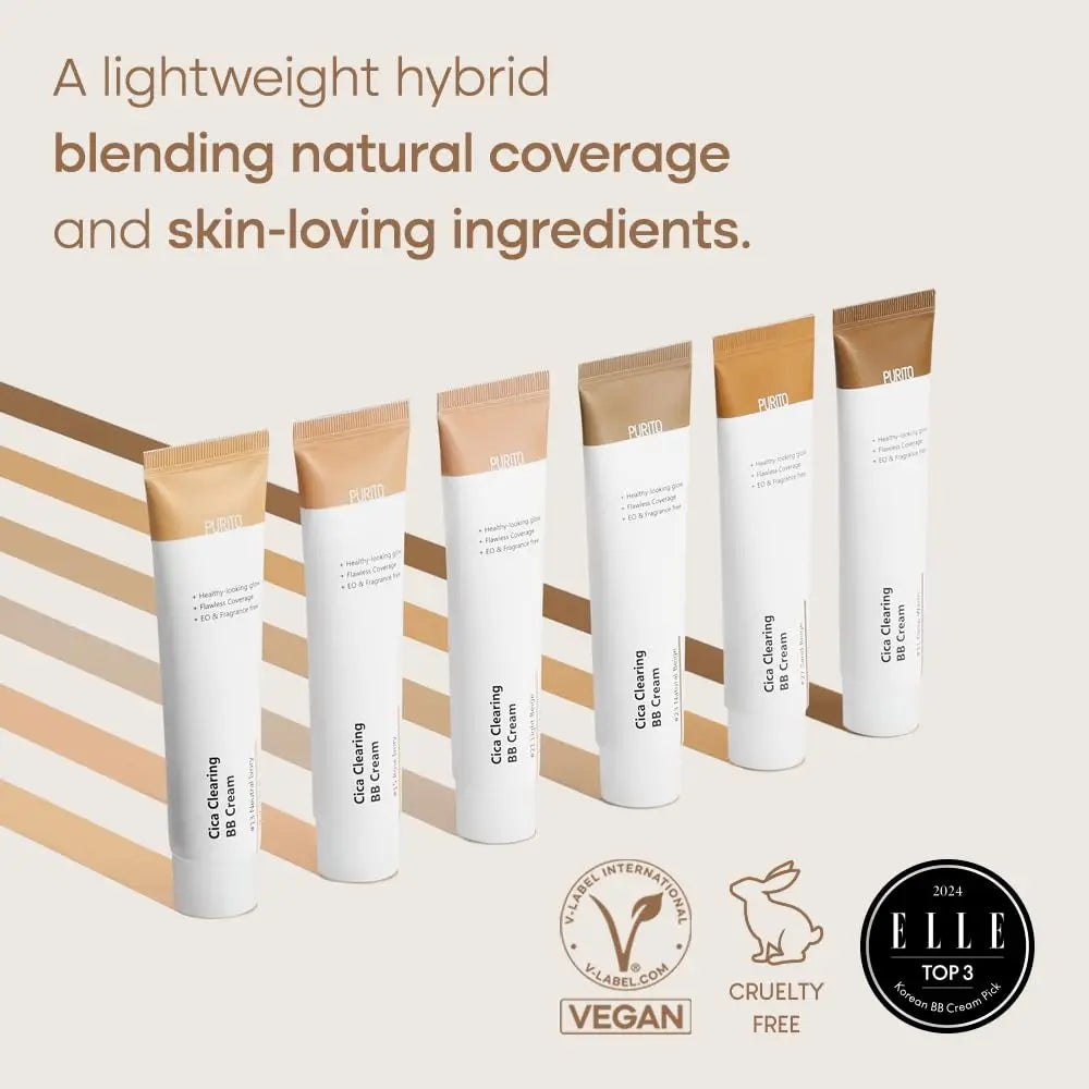 Six beige to light brown tubes of PURITO Wonder Releaf Centella BB Cream 30ml arranged in gradient shades with text highlighting lightweight hybrid blending natural coverage and skin-loving ingredients, accompanied by vegan and cruelty-free icons and an ELLE 2024 Top 3 award badge.