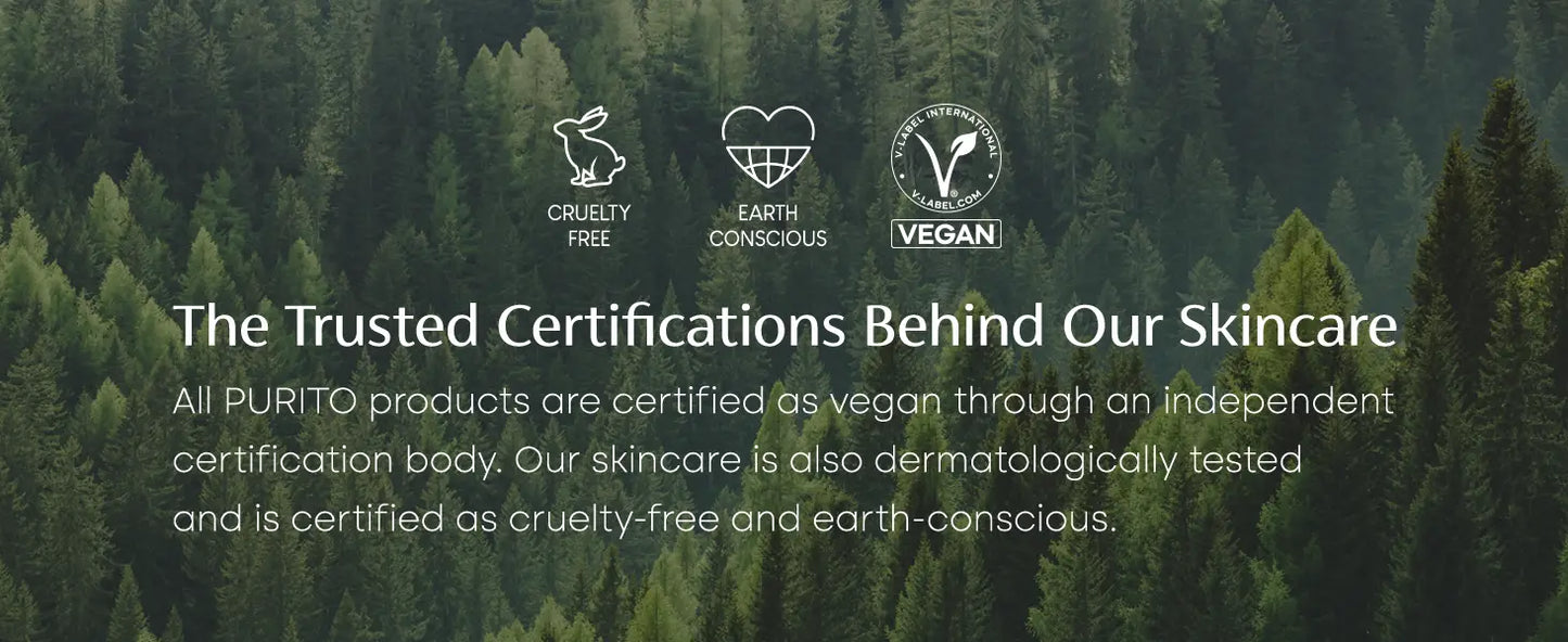 Certification symbols for cruelty-free, earth conscious, and vegan skincare with text about PURITO Wonder Releaf Centella BB Cream 30ml being dermatologically tested and eco-friendly against a forest background.