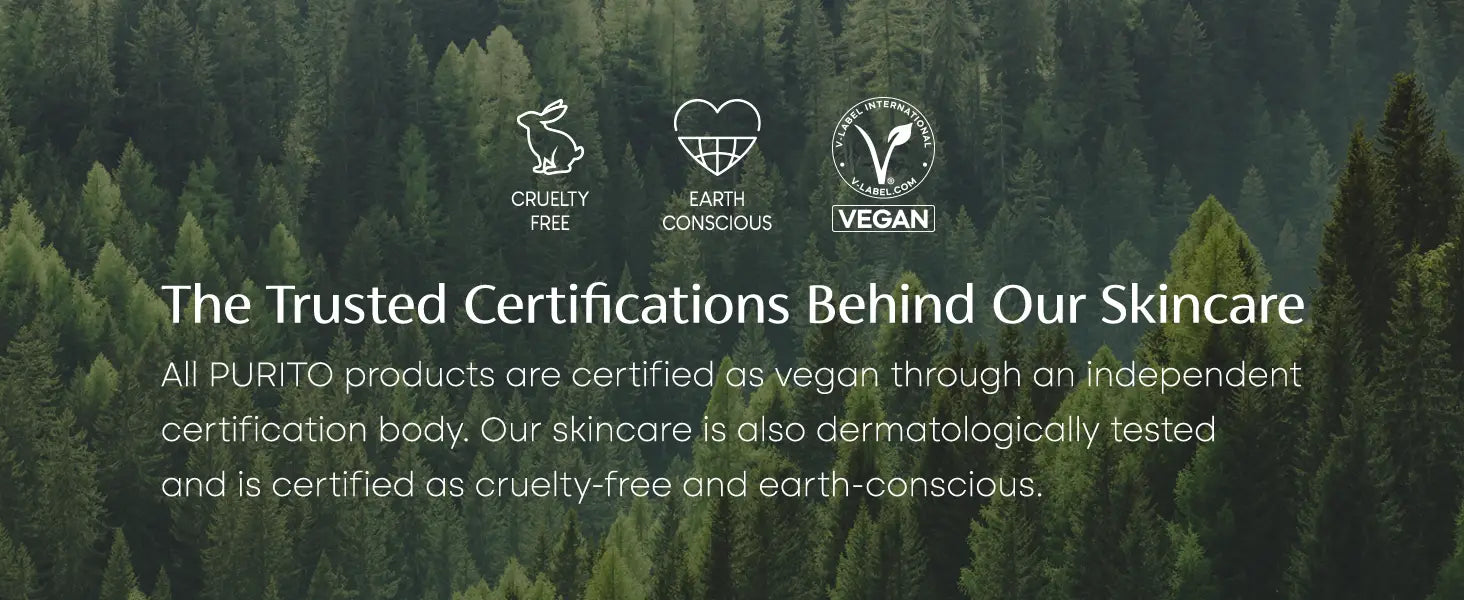 Certification symbols for cruelty-free, earth conscious, and vegan skincare with text about PURITO Wonder Releaf Centella BB Cream 30ml being dermatologically tested and eco-friendly against a forest background.