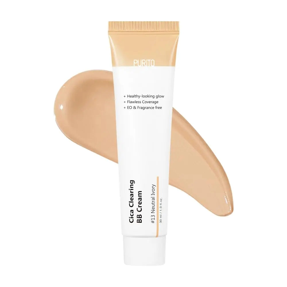 Tube of PURITO Wonder Releaf Centella BB Cream 30ml with smooth beige cream swatch on white background, promoting healthy-looking glow and flawless coverage.