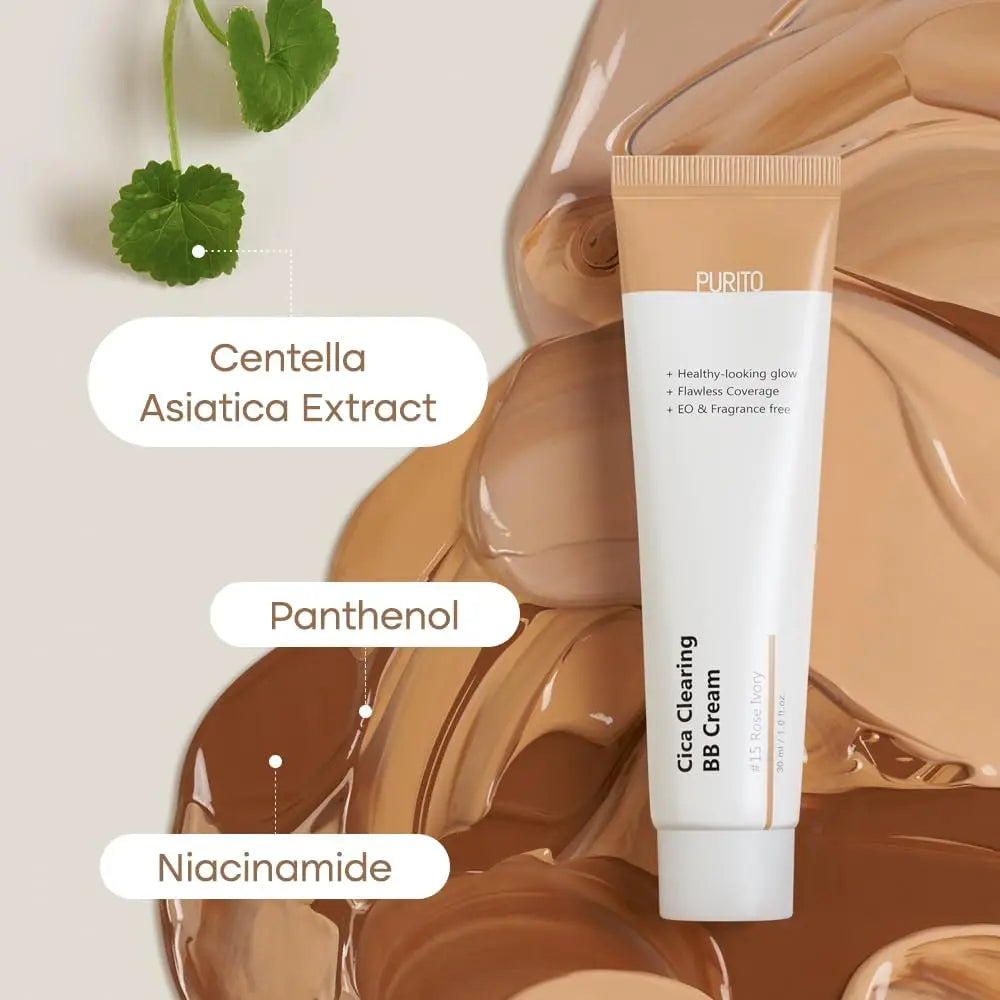PURITO Wonder Releaf Centella BB Cream 30ml tube displayed on a smooth beige surface with cream swatches and labels highlighting key ingredients Centella Asiatica Extract, Panthenol, and Niacinamide.