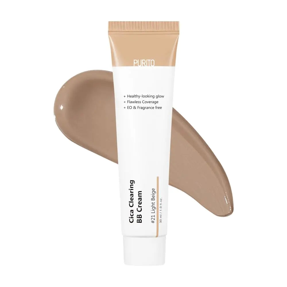 PURITO Wonder Releaf Centella BB Cream 30ml tube displayed with a smooth swatch of light beige BB cream highlighting its healthy glow and flawless coverage benefits.