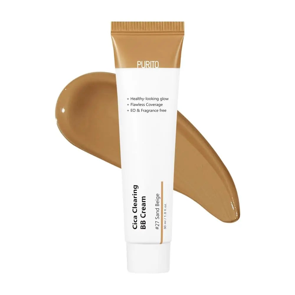 Tube of PURITO Wonder Releaf Centella BB Cream 30ml in shade 27 Sand Beige with a swatch of the cream showing smooth, medium beige coverage on a white background.
