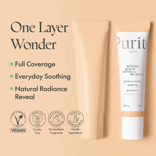 A sleek white tube of purito wonder releaf centella bb cream 30ml with minimalist branding and spf 30 pa+++ protection