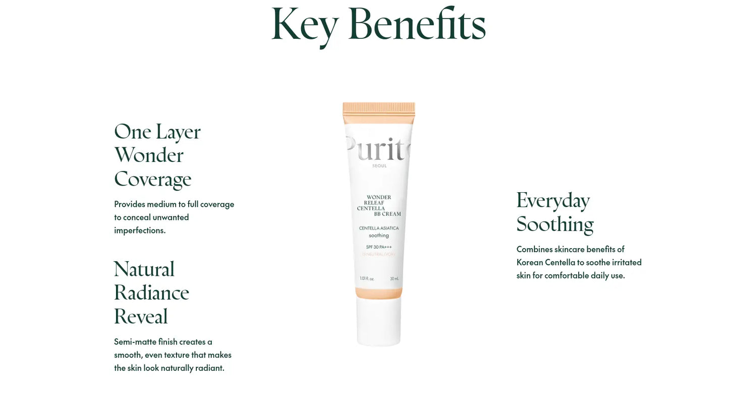 PURITO Wonder Releaf Centella BB Cream 30ml displayed with key benefits including medium to full coverage, natural radiant finish, and soothing properties for irritated skin.