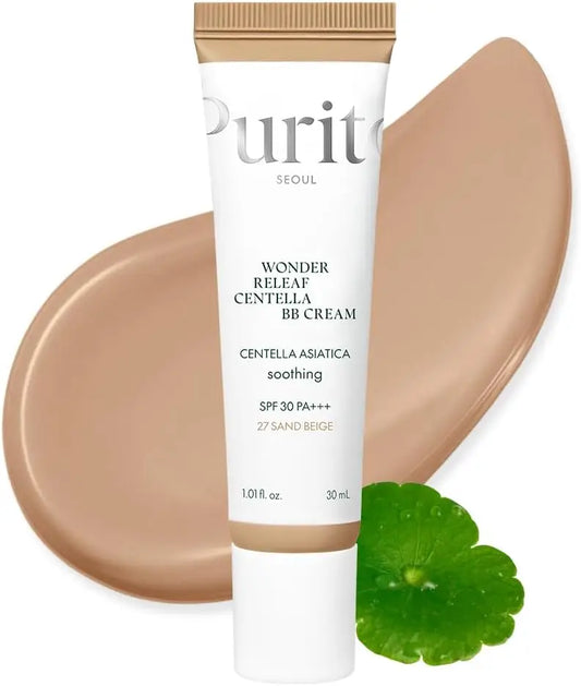 Tube of PURITO Wonder Releaf Centella BB Cream 30ml with beige cream swatches and a green centella leaf, highlighting its soothing and SPF 30 protection properties.