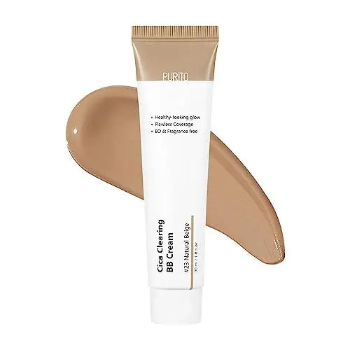 Tube of PURITO Wonder Releaf Centella BB Cream 30ml in natural beige shade with smooth creamy texture swatch behind it on white background