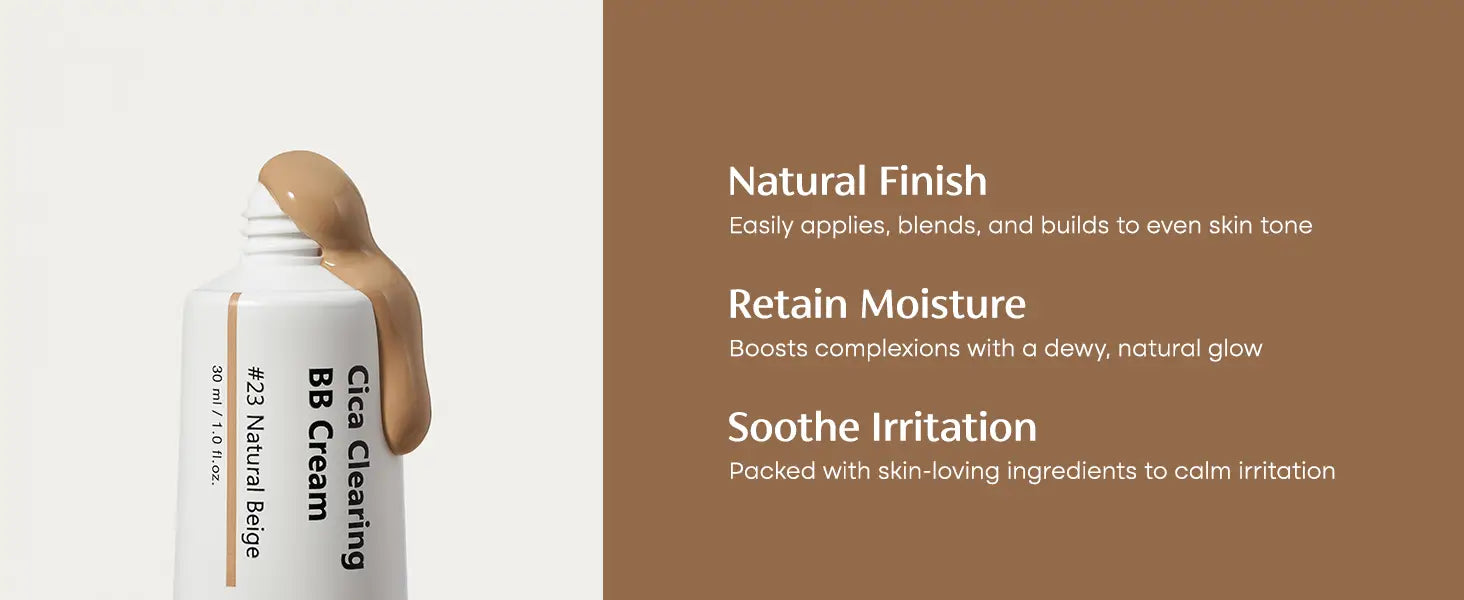 PURITO Wonder Releaf Centella BB Cream 30ml in natural beige shade with a smooth texture demonstrating natural finish, moisture retention, and soothing skin irritation benefits.