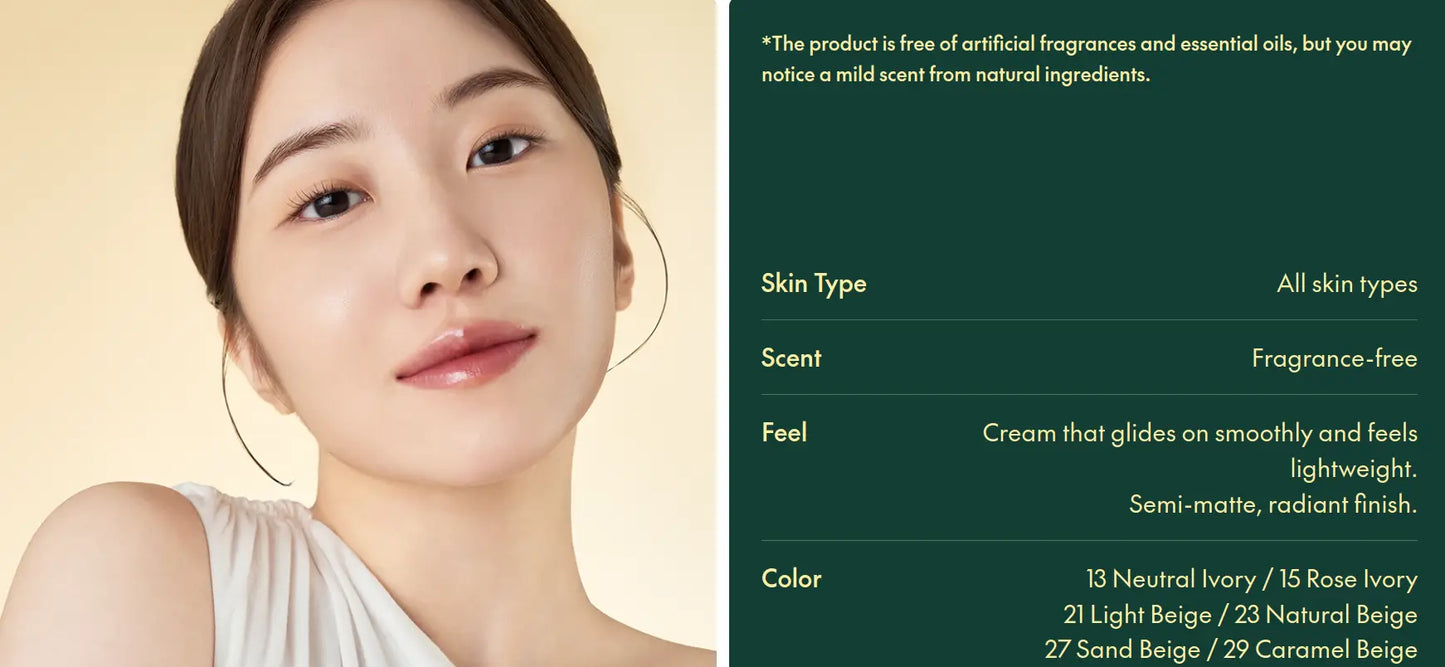 Close-up of a woman with smooth, radiant skin beside product details highlighting PURITO Wonder Releaf Centella BB Cream 30ml’s cream texture, fragrance-free scent, and skin tone options for all skin types.