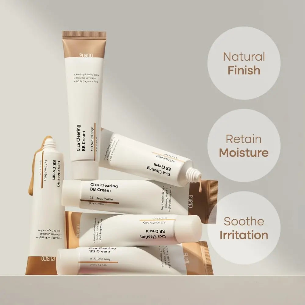 Five tubes of PURITO Wonder Releaf Centella BB Cream 30ml in varying shades displayed with text highlighting natural finish, moisture retention, and soothing irritation benefits.