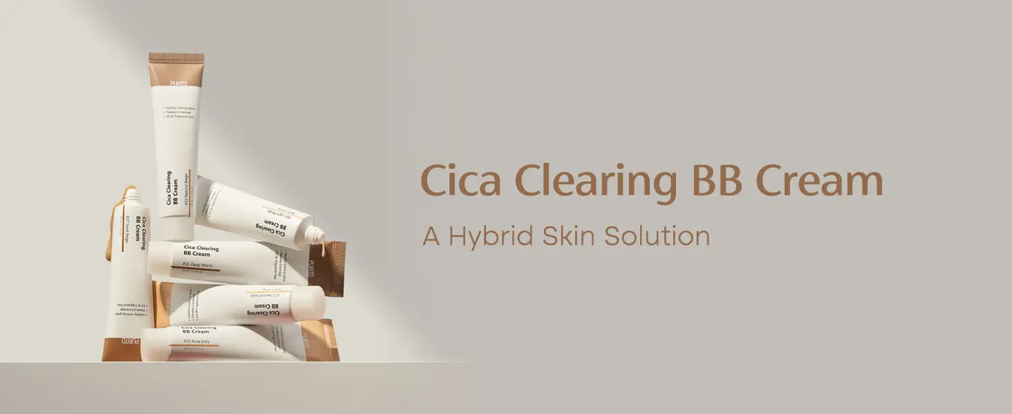 Stack of beige and brown tubes labeled PURITO Wonder Releaf Centella BB Cream 30ml displayed on a neutral background with text "Cica Clearing BB Cream A Hybrid Skin Solution