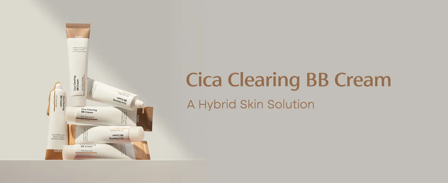 Five tubes of PURITO Wonder Releaf Centella BB Cream 30ml arranged on a beige surface with beige and brown caps, alongside text reading "Cica Clearing BB Cream A Hybrid Skin Solution.