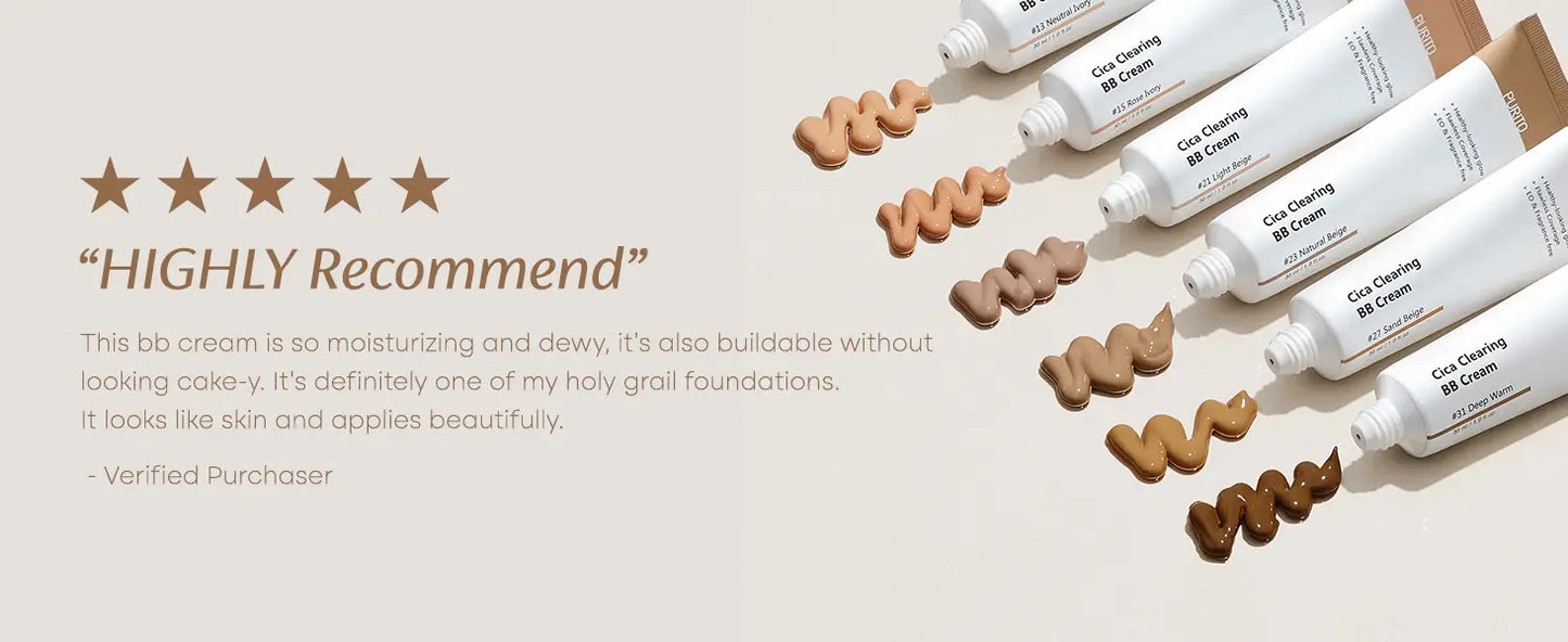 Multiple shades of PURITO Wonder Releaf Centella BB Cream 30ml tubes arranged diagonally with swatches beside a five-star customer review praising its moisturizing, buildable, and natural finish.