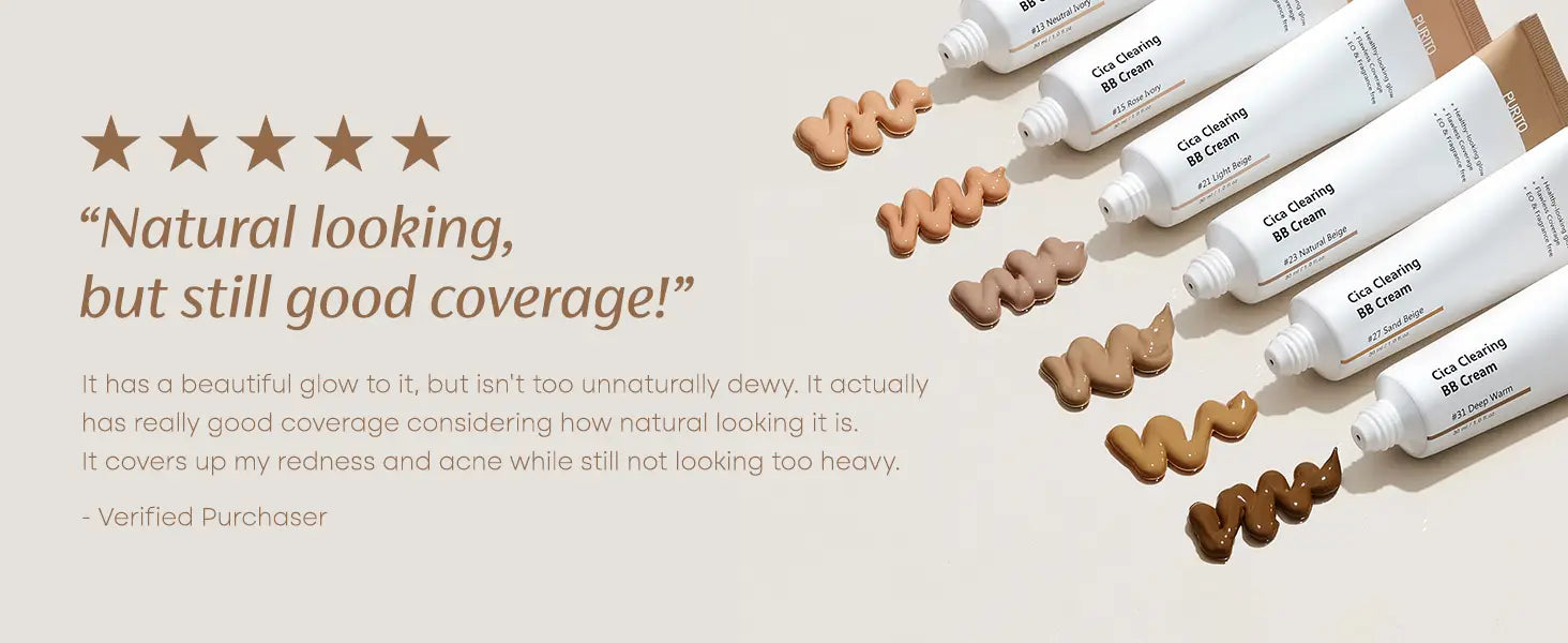 Five tubes of PURITO Wonder Releaf Centella BB Cream 30ml in varying shades arranged diagonally with swatches beside each tube on a beige background and a customer review quote highlighting natural coverage and glow.