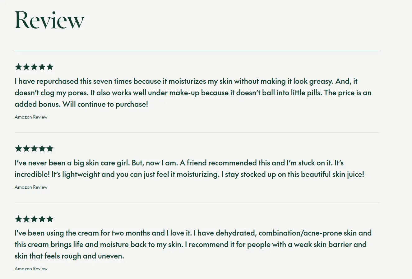 Customer reviews highlighting hydrating, non-greasy PURITO Wonder Releaf Centella Cream 50ml that moisturizes well, works under makeup, and improves skin barrier for dry and acne-prone skin.