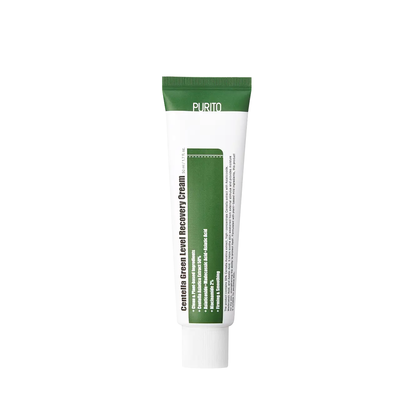 PURITO Wonder Releaf Centella Cream 50ml in a green and white tube designed for soothing and recovery, suitable for calming sensitive skin with centella asiatica extract.