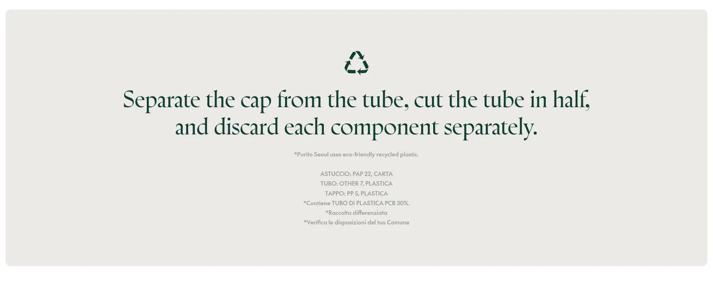 Instructional text advising to separate the cap from the tube, cut the tube in half, and discard each component separately, associated with PURITO Wonder Releaf Centella Cream 50ml packaging and recycling guidance.