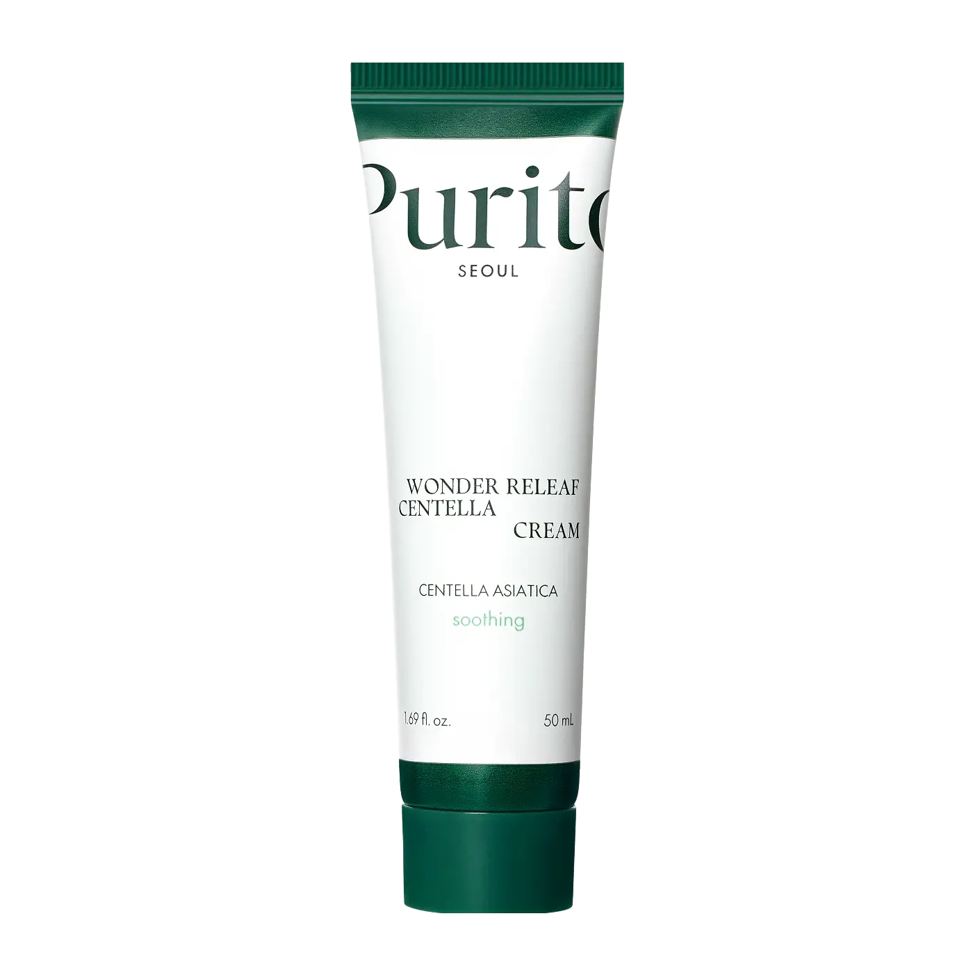 Tube of PURITO Wonder Releaf Centella Cream 50ml with green and white packaging, highlighting centella asiatica for soothing facial care.