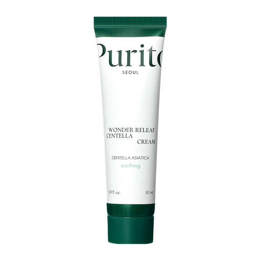 Tube of PURITO Wonder Releaf Centella Cream 50ml with green and white packaging, highlighting centella asiatica for soothing facial care.