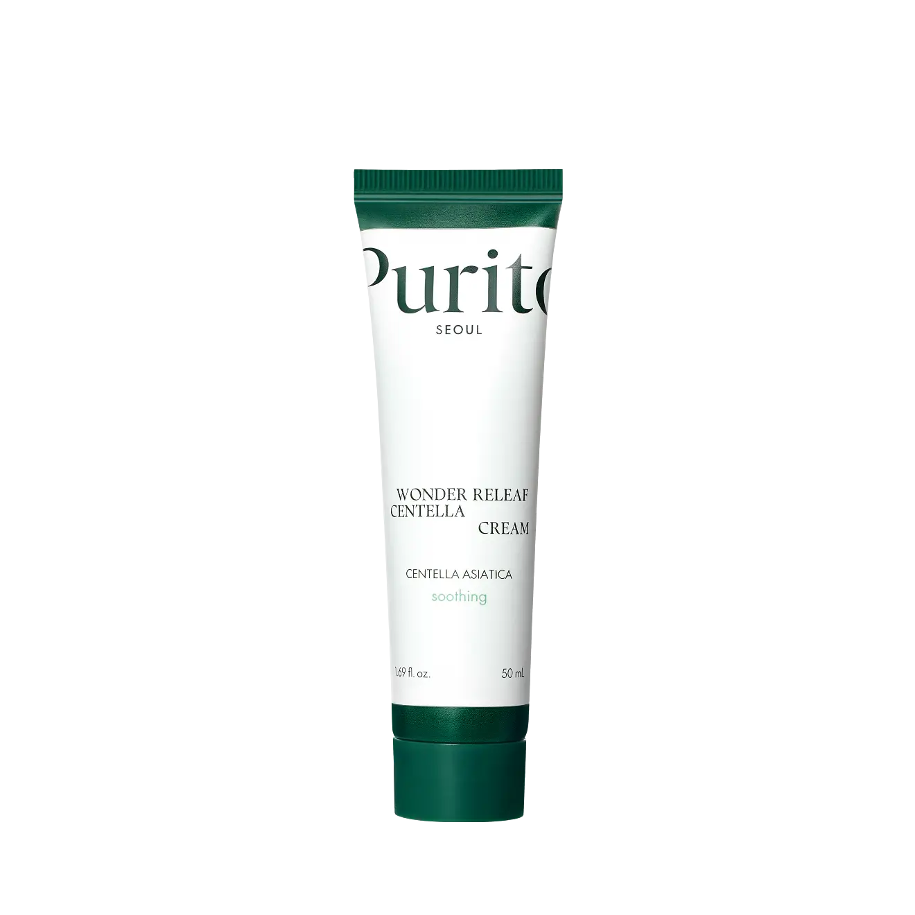 Tube of PURITO Wonder Releaf Centella Cream 50ml with green cap and white and green labeling, designed for soothing skincare use.