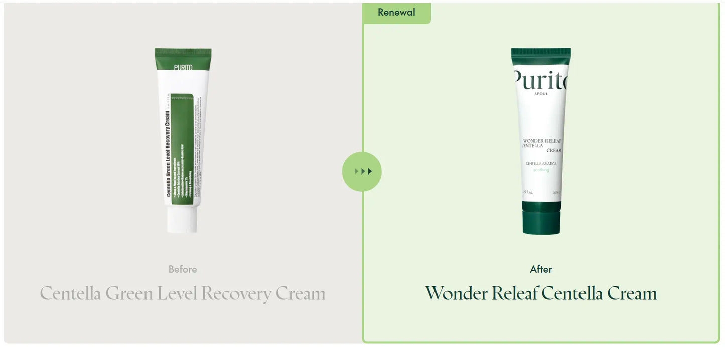 Comparison image showing the PURITO Wonder Releaf Centella Cream 50ml packaging and branding update from the previous Centella Green Level Recovery Cream to the new design with a green and white tube on a light background.