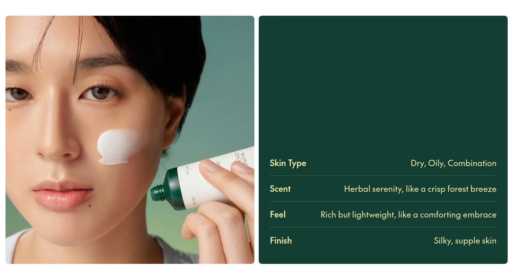 Close-up of a woman applying PURITO Wonder Releaf Centella Cream 50ml on her cheek, with text describing the cream’s suitability for dry, oily, and combination skin, herbal scent, lightweight feel, and silky, supple finish.