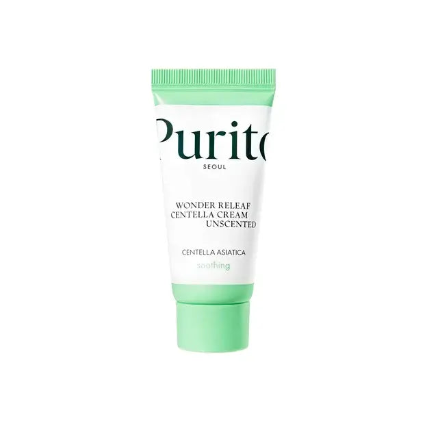 Tube of PURITO Wonder Releaf Centella Cream Unscented with green cap and accents, designed for soothing skin care using centella asiatica.
