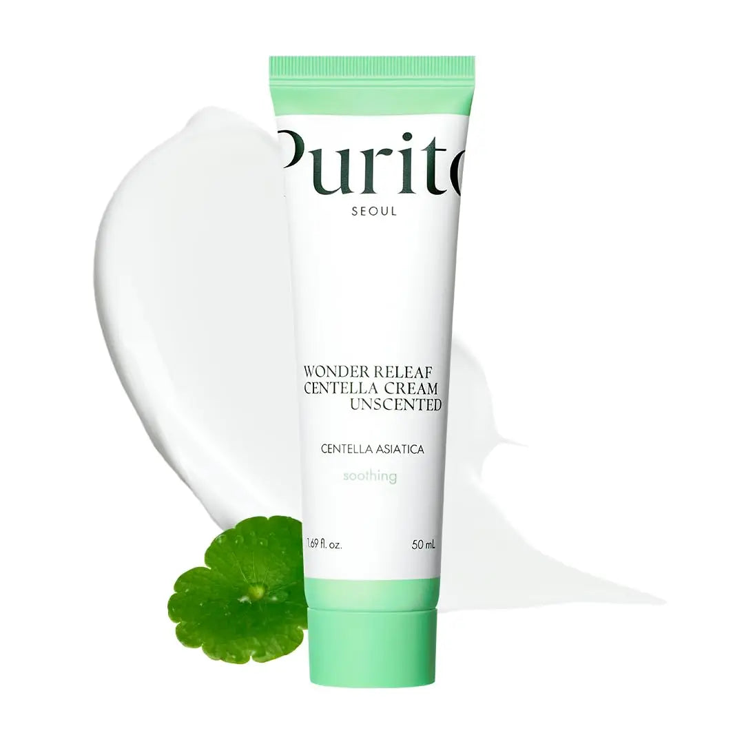 Tube of PURITO Wonder Releaf Centella Cream Unscented with green cap and leaf, shown with creamy white texture and centella asiatica leaf on white background
