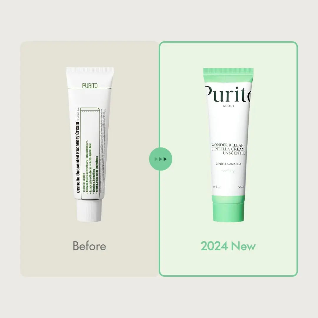 Comparison image showing the redesigned packaging of PURITO Wonder Releaf Centella Cream Unscented with the previous tube on the left and the new 2024 version on the right with a white and green color scheme.