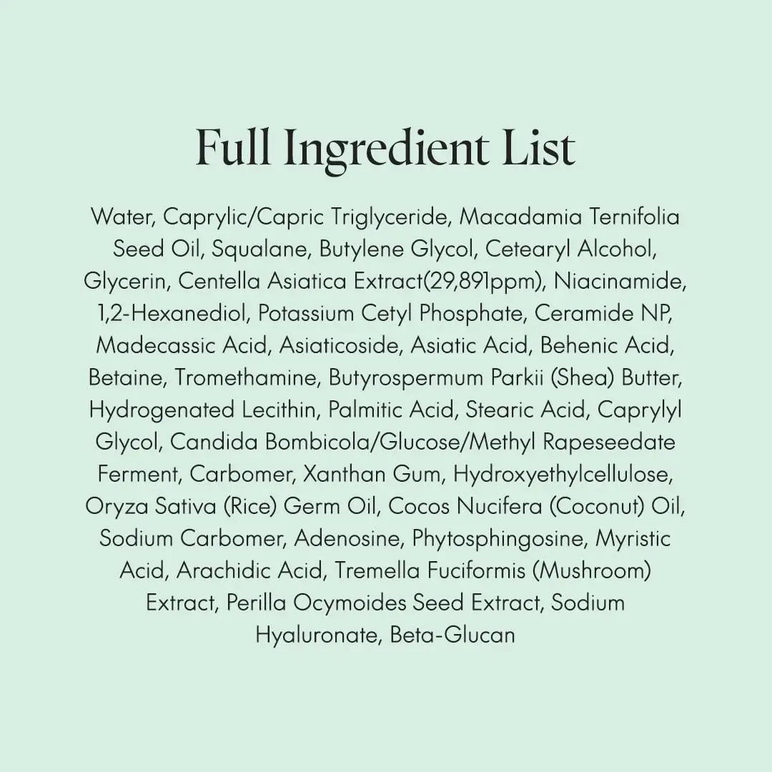 Full ingredient list of PURITO Wonder Releaf Centella Cream Unscented including Centella Asiatica Extract, Niacinamide, Shea Butter, Squalane, Ceramide NP, and Beta-Glucan for soothing and hydration.