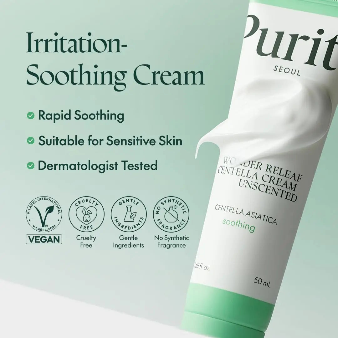 Tube of PURITO Wonder Releaf Centella Cream Unscented with cream texture on tube, highlighting rapid soothing, suitable for sensitive skin, dermatologist tested, vegan, cruelty free, gentle ingredients, and no synthetic fragrance.