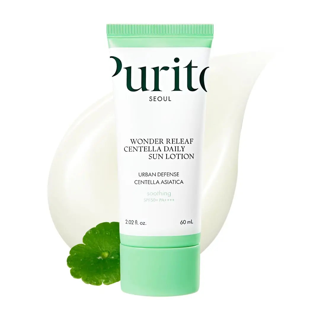PURITO Wonder Releaf Centella Daily Sun Lotion in a green and white tube with a centella leaf and creamy sunscreen texture in the background, highlighting soothing and SPF protection.