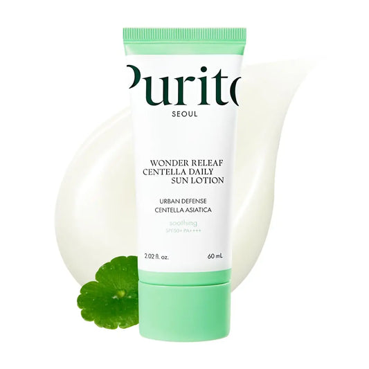 PURITO Wonder Releaf Centella Daily Sun Lotion in a green and white tube with a centella leaf and creamy sunscreen texture in the background, highlighting soothing and SPF protection.