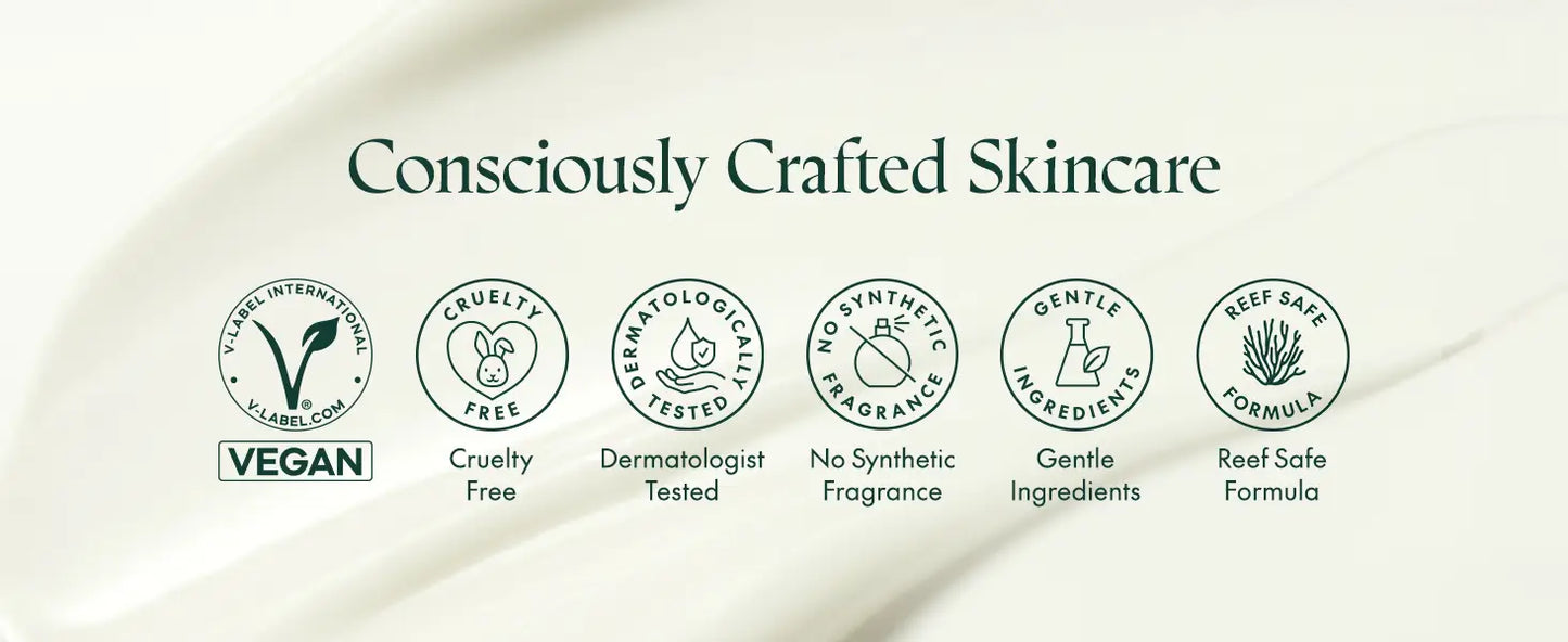 Icons representing skincare qualities including vegan, cruelty free, dermatologist tested, no synthetic fragrance, gentle ingredients, and reef safe formula with smooth cream background, promoting PURITO Wonder Releaf Centella Daily Sun Lotion.