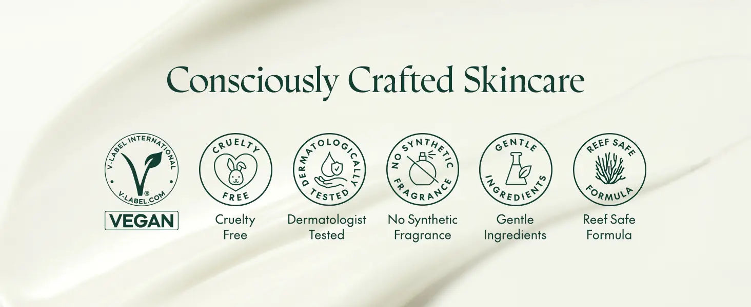 Icons representing skincare qualities including vegan, cruelty free, dermatologist tested, no synthetic fragrance, gentle ingredients, and reef safe formula with smooth cream background, promoting PURITO Wonder Releaf Centella Daily Sun Lotion.