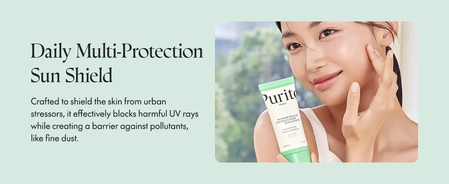 Woman applying PURITO Wonder Releaf Centella Daily Sun Lotion to her face, highlighting daily multi-protection sun shield against UV rays and pollutants.