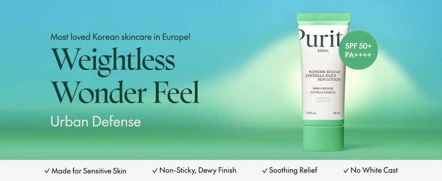 PURITO Wonder Releaf Centella Daily Sun Lotion with SPF 50+ PA++++ offers a weightless, non-sticky, soothing sun protection designed for sensitive skin with an urban defense formula.