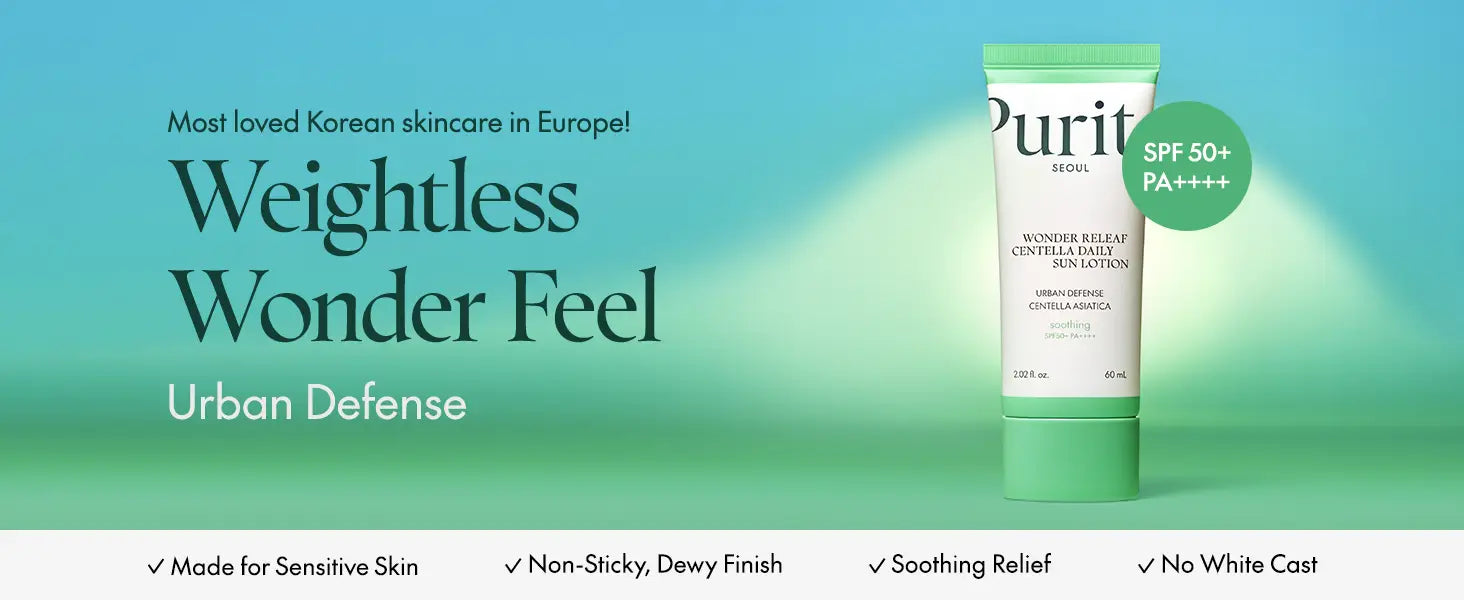 PURITO Wonder Releaf Centella Daily Sun Lotion with SPF 50+ PA++++ offers a weightless, non-sticky, soothing sun protection designed for sensitive skin with an urban defense formula.