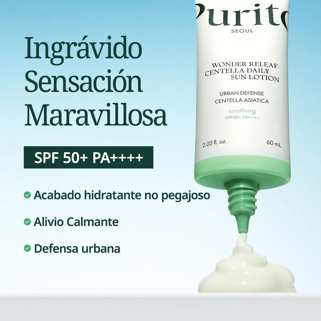Tube of PURITO Wonder Releaf Centella Daily Sun Lotion dispensing creamy white sunscreen with SPF 50+ PA++++, highlighting moisturizing, soothing, and urban defense benefits.