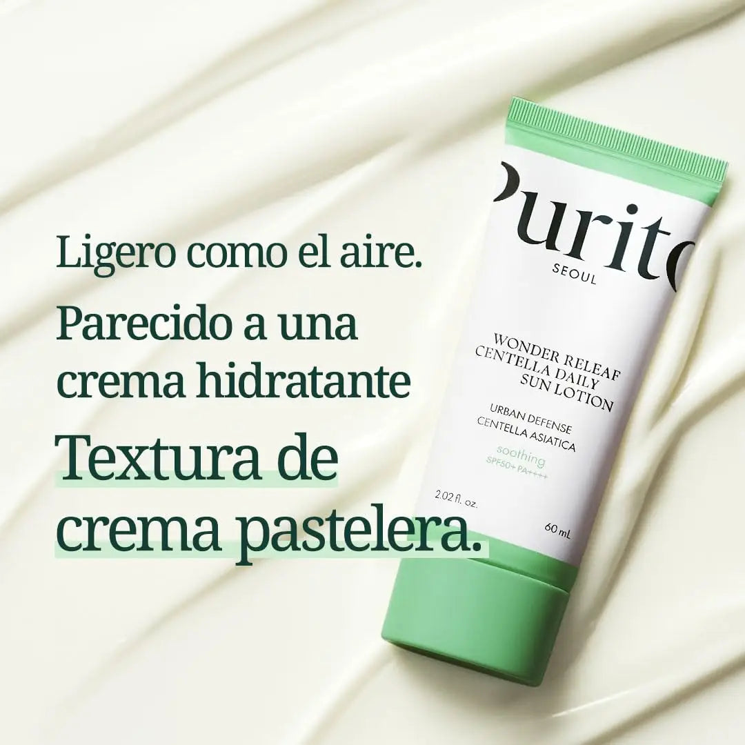 Tube of PURITO Wonder Releaf Centella Daily Sun Lotion with green cap placed on a creamy white textured surface alongside text describing it as lightweight and moisturizing with a pastry cream texture.