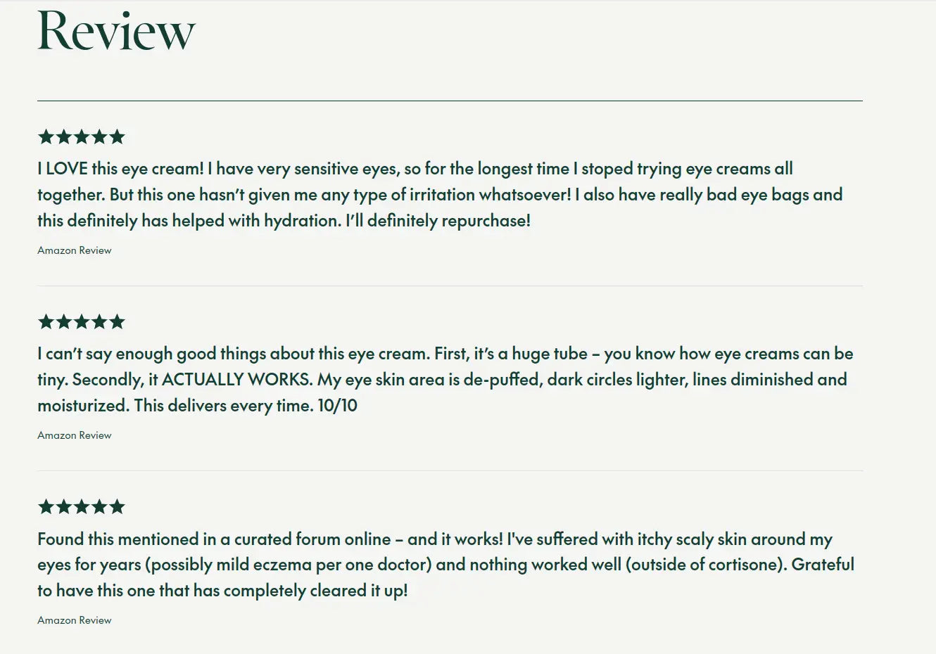 Customer reviews for PURITO Wonder Releaf Centella Eye Cream 30ml highlighting effective hydration, reduction of dark circles and puffiness, and relief for sensitive skin issues.