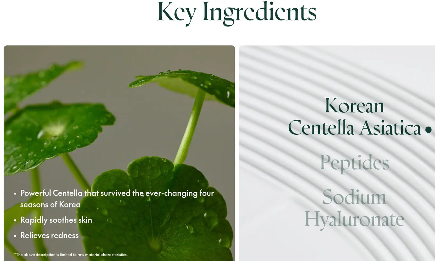 Close-up of green Centella Asiatica leaves with water droplets alongside text highlighting key ingredients Korean Centella Asiatica, peptides, and sodium hyaluronate for PURITO Wonder Releaf Centella Eye Cream 30ml.