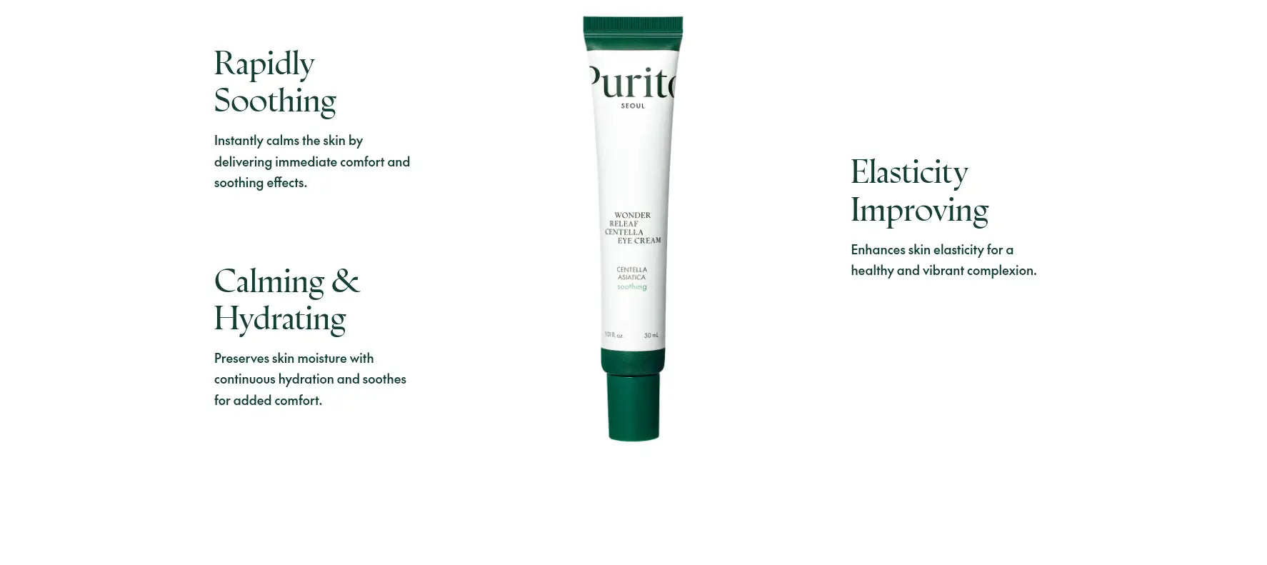 PURITO Wonder Releaf Centella Eye Cream 30ml tube centered with text highlighting rapid soothing, calming and hydrating effects, and elasticity improving benefits for the skin around the eyes.