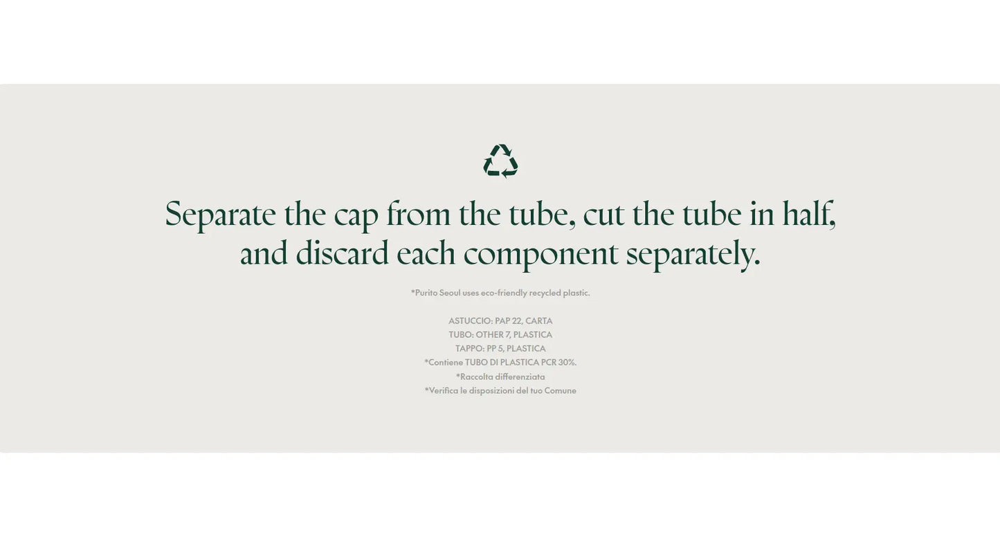 Instructional text on eco-friendly disposal for PURITO Wonder Releaf Centella Eye Cream 30ml, explaining how to separate and discard the cap and tube components separately.