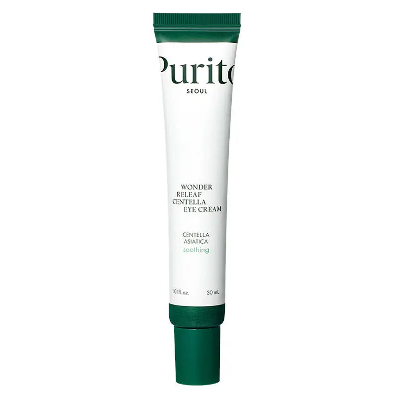 Tube of PURITO Wonder Releaf Centella Eye Cream 30ml with white body and green cap designed for soothing and caring delicate skin around the eyes.