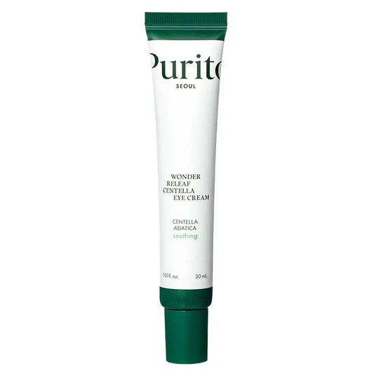 Tube of PURITO Wonder Releaf Centella Eye Cream 30ml with white body and green cap designed for soothing and caring delicate skin around the eyes.