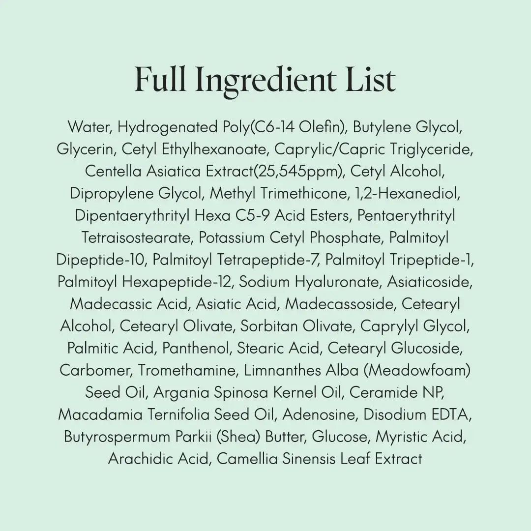 Full ingredient list for PURITO Wonder Releaf Centella Eye Cream Unscented 30ml displayed on a light green background, including Centella Asiatica Extract, Sodium Hyaluronate, Ceramide NP, Shea Butter, and various natural oils and peptides.