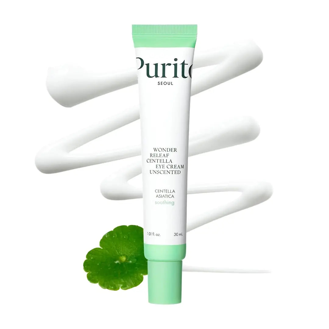 Tube of PURITO Wonder Releaf Centella Eye Cream Unscented 30ml with white cream swirl and green centella leaf on a white background.