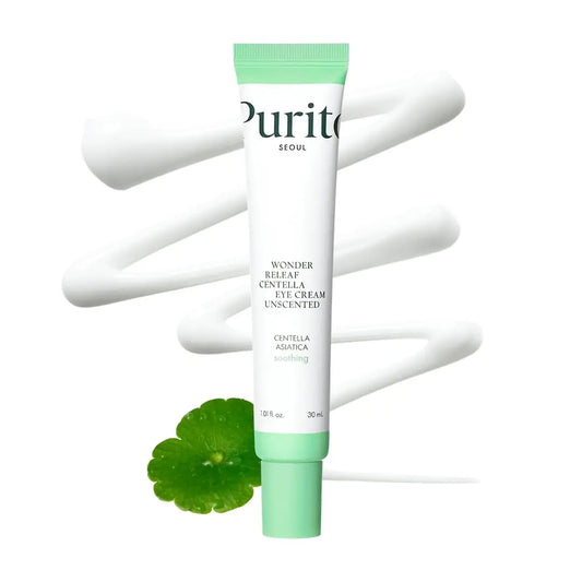 Tube of PURITO Wonder Releaf Centella Eye Cream Unscented 30ml with white cream swirl and green centella leaf on a white background.